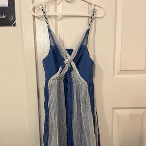 Vintage Silk Blue and White Criss-Cross Flowy Dress
